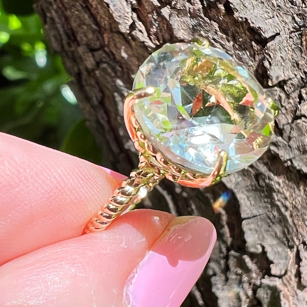 14K GOLD LARGE ROUND PRASIOLITE GREEN AMETHYST RING TWISTED BAND ENGAGEMENT